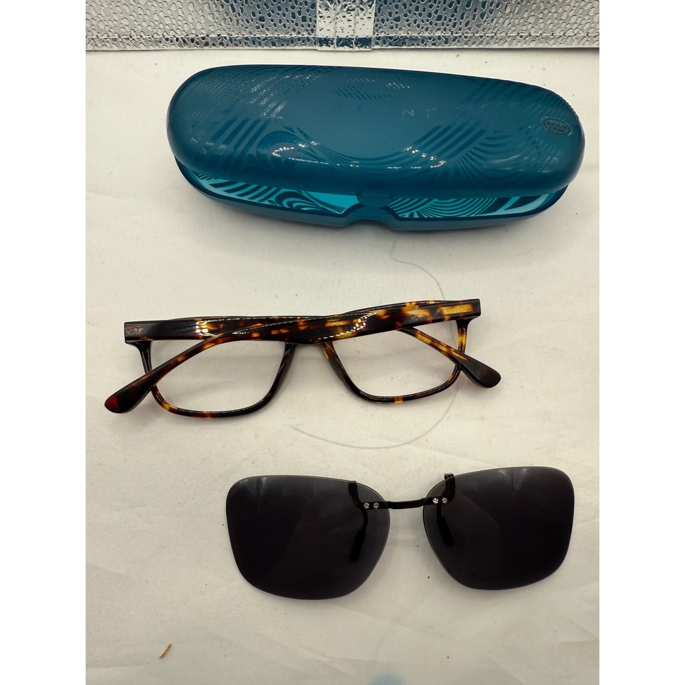 Zenni Eyeglasses Tortoiseshell Frames Clear Lenses Clip On Sunglasses Case - Picture 2 of 5